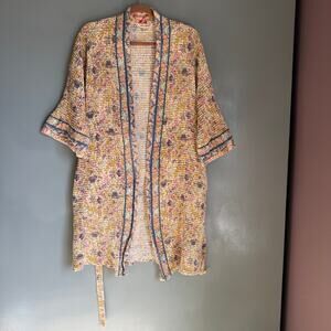 APRIL CORNELL Women's L/XL Penelope Kimono Robe Waffle Weave Floral Boho Cottage